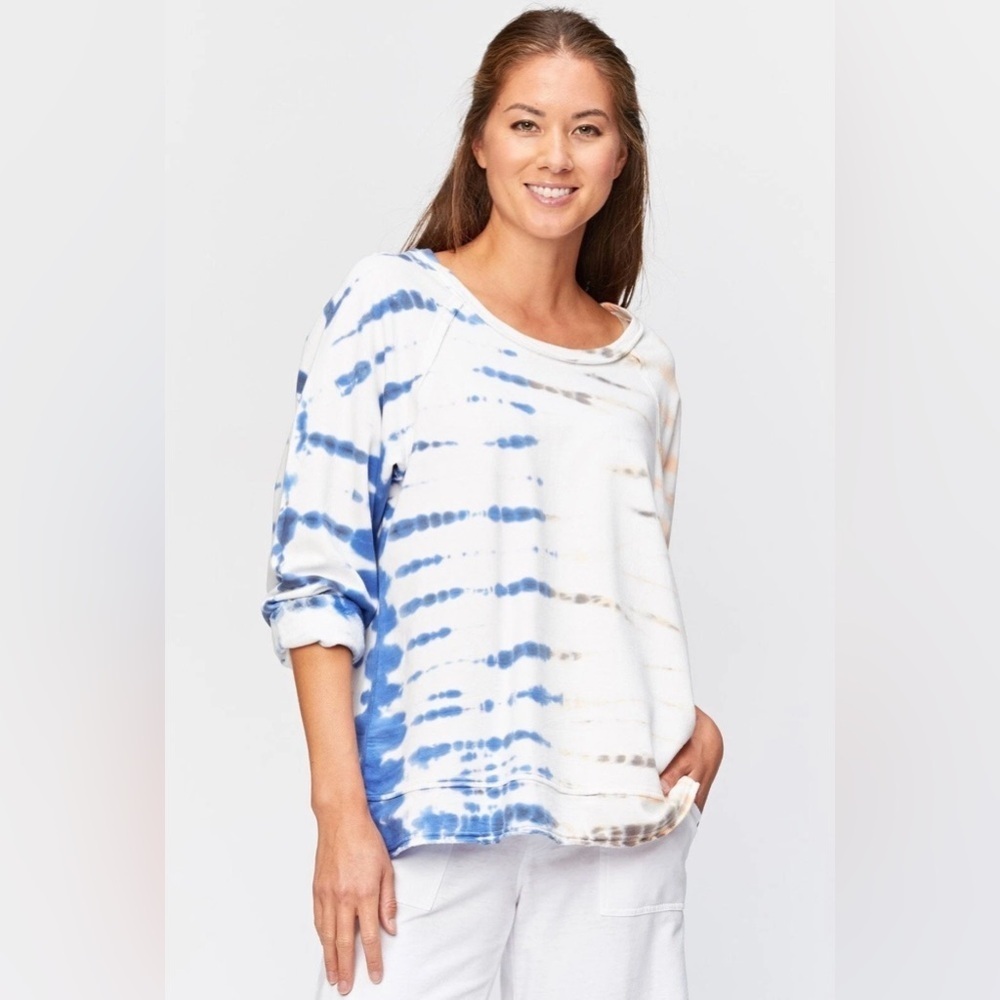 XCVI Wearables Gideon Pullover in White with Blue and Peach Tie Dye Pattern Top